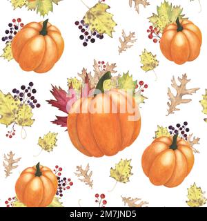 Autumn leaf maple, oak, poplar, pumpkins seamless pattern on dark background. Watercolor botanical hand drawn Thanksgiving illustration. Art for desig Stock Photo