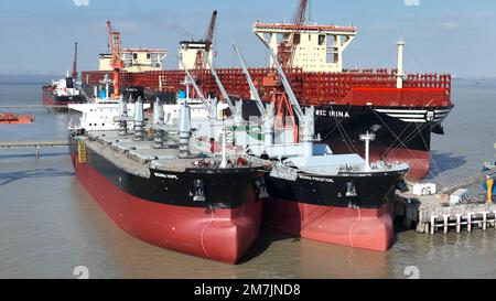 SUZHOU, CHINA - JANUARY 10, 2023 - Several completed ships are outfitting at a shipbuilding enterprise in the Taicang Port Economic and Technological Stock Photo