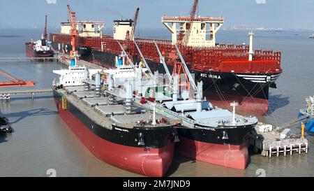 SUZHOU, CHINA - JANUARY 10, 2023 - Several completed ships are outfitting at a shipbuilding enterprise in the Taicang Port Economic and Technological Stock Photo