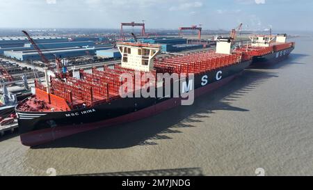 SUZHOU, CHINA - JANUARY 10, 2023 - Several completed ships are outfitting at a shipbuilding enterprise in the Taicang Port Economic and Technological Stock Photo