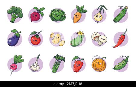 Cute kawaii vegetables set in cartoon style. Vegetables characters collection. Veggies icons, stickers, mascots. Stock Vector