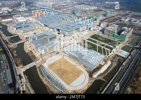 HANGZHOU, CHINA - JANUARY 10, 2023 - An aerial view shows the construction project of the China-France Aviation University in northwest Hangzhou, capi Stock Photo