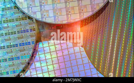 Silicon monocrystalline wafer with microchips manufacturing used in fabrication of electronic integrated circuits. Stock Photo