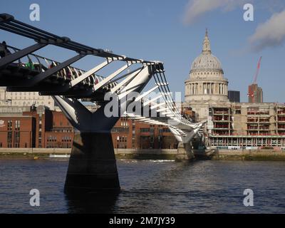 The Millennium Bridge, officially known as the London Millennium Footbridge, is a steel suspension bridge for pedestrians crossing the Thames London Stock Photo