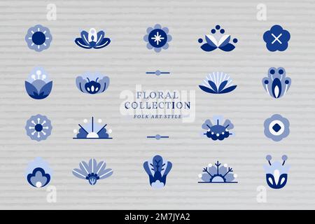 Blue folk art design elements vector set Stock Vector