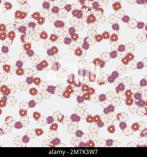 Seamless simple cute pattern from daisies on white background.Endless floral ornament with beautiful small rose, pink, vinous and violet blossoms Stock Vector