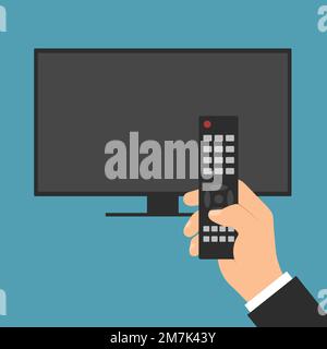 A male hand holds a remote control for TV, television set or a monitor and press a button - vector on a green background Stock Vector
