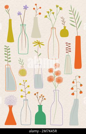 Colorful doodle flowers in vases on beige background vector Stock Vector