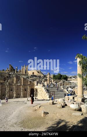 View over the East Souq row of workshops in Jerash city, Jordan, Middle ...