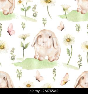 Seamless watercolor pattern with  florals and cute bunny. Chamomile repeat paper. Hand drawn summer patterns with white flowers and rabbit, forest ani Stock Photo