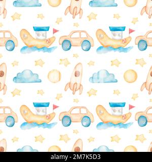 Watercolor seamless pattern with cute kids toys. Baby boy repeat paper. Hand drawn children car and ship, space rocket pattern . Stock Photo