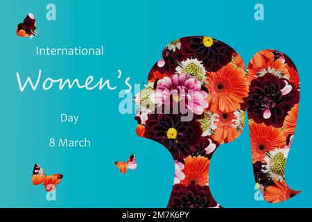 Happy March 8th International Women's Day background poster. Design with woman's side profile silhouette and blossom collage of photos of flowers and Stock Photo