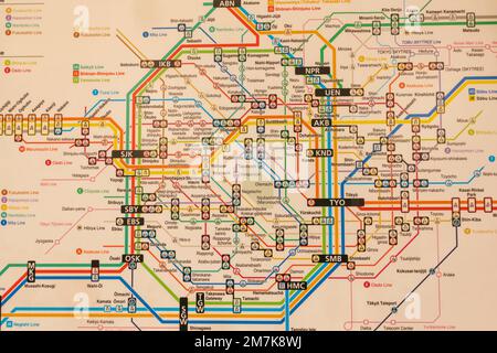 Japan, Honshu, Tokyo, English Language Map showing the Subway and JNR Train Transport System Stock Photo