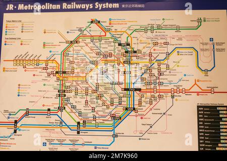 Japan, Honshu, Tokyo, English Language Map showing the Subway and JNR Train Transport System Stock Photo