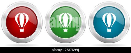 Balloon, air transport vector icon set. Red, blue and green silver metallic web buttons with chrome border Stock Vector