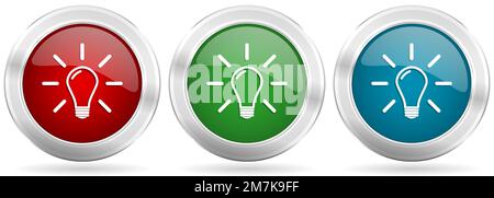 Idea, solution, bulb, innovation vector icon set. Red, blue and green silver metallic web buttons with chrome border Stock Vector