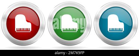 Piano, music vector icon set. Red, blue and green silver metallic web buttons with chrome border Stock Vector