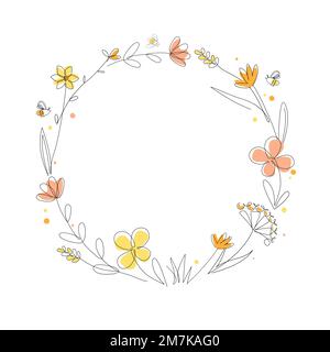 Round doodle frame of bees and flowers in continuous line drawing style. Logo design for honey and bee farms, apiaries, and beekeeping products Stock Vector