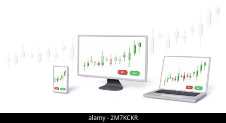 Online stock exchange trade banner in 3D style. Computer monitor PC laptop smartphone with candlestick chart on screen.  Success strategy online tradi Stock Vector