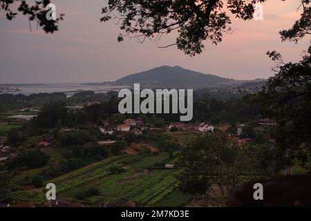 Panoramic view of the miño river, the mountain Santa Tecla and the towns of the Rosal and A Guarda. The miño river divide Portugal and Spain before re Stock Photo