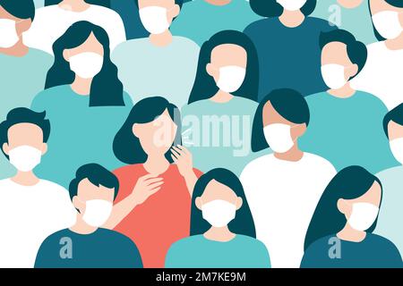 Coughing woman in a masked crowd covid-19 pattern vector Stock Vector