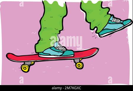 A vector illustration of a skater boy with green jeans on a pink background Stock Vector
