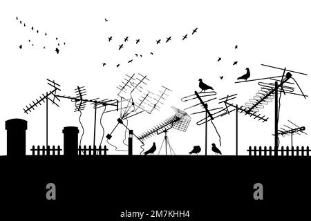 Silhouettes of roof with antennas. Different television receiver aerials on housetop. Rooftop with tv antennas, chimneys and pigeon silhouettes.Vector Stock Vector