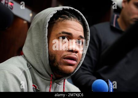 Washington Commanders defensive end Chase Young (99) smiles during a NFL  football practice at the team's training facility, Thursday, July 27, 2023  in Ashburn, Va. (AP Photo/Alex Brandon Stock Photo - Alamy