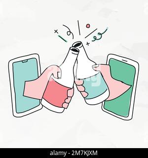 Virtual hangout vector social distancing in new normal lifestyle doodle drawing Stock Vector