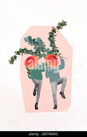 Artwork magazine collage picture of excited funny couple flowers instead of heads isolated drawing background Stock Photo