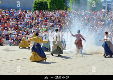 51st Lorient Interceltic Festival (Brittany north-western France): the Great Parade on August 7, 2022, with Celtic dance in front of the Grand Theatre Stock Photo