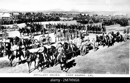 Members of the US Army (USA) 40th Division, 65th Field Artillery Brigade, regiments perform an Artillery Review with horse drawn 75 mm cannons at Camp Kearny, California (CA). Note: In the future this area became the US Navy (USN) Naval Air Station Miramar. (Exact Date Shot Unknown). Base: San Diego State: California (CA) Country: United States Of America (USA) Stock Photo