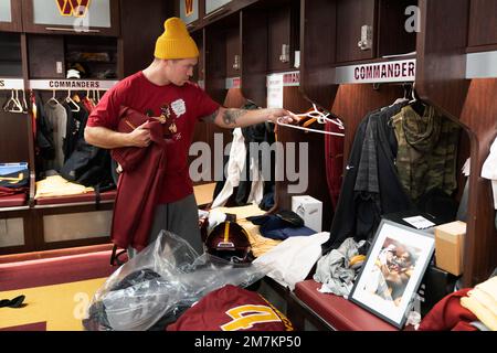 Washington Commanders quarterback Taylor Heinicke packs his personal  belongings from his locker during the NFL football team's open locker room  event in Ashburn, Va., Monday, Jan. 9, 2023. The Commanders ended another  season stuck in the middle