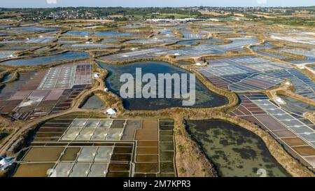 Aerial view of the salt marshes of Guerande in summer. Salt marshes in summer, when the fleur de sel is collected. Salt mounds Stock Photo