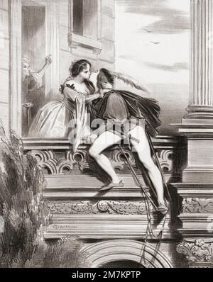 Romeo and Juliet.  The balcony scene. 'Good night.  A thousand times good night.'  William Shakespeare's Romeo and Juliet. Act Two. Scene Two.  After a work by Achille Devéria. Stock Photo