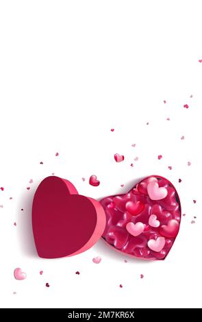 Open pink heart shaped gift box with hearts on white background. Design for Valentine's Day. Stock Photo