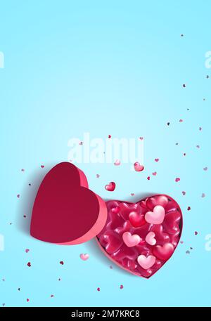 Open pink heart shaped gift box with hearts on blue background. Design for Valentine's Day. Stock Photo