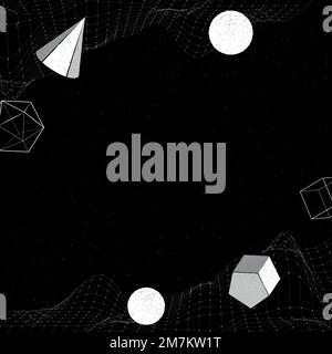 White geometric shapes on a wireframe wave patterned background vector Stock Vector