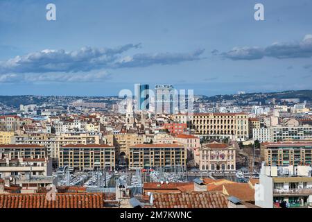 Marseille (south-eastern France): from the basilica, overview of the city Hall, the Old Harbour, the Hotel-Dieu Hospital converted into a luxury hotel Stock Photo
