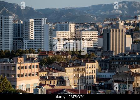 Arenc District in Marseille (south-eastern France): buildings, inhabited park and urban development zone “ZAC Cite de la Mediterranee”, Euromediterran Stock Photo