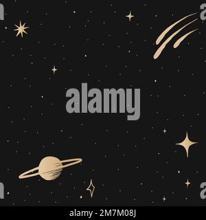 Saturn galaxy gold vector starry sky border on black background Stock Vector