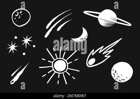 Cute solar system white vector galaxy doodle illustration sticker Stock Vector