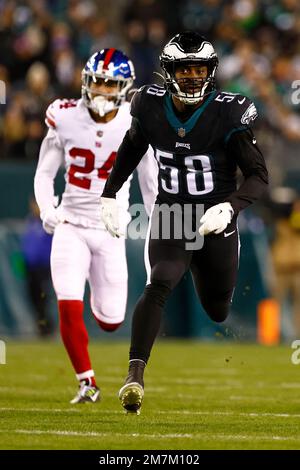 PHILADELPHIA, PA - JUNE 08: Philadelphia Eagles linebacker Kyron Johnson  (58) warms up during OTA offseason workouts on June 8, 2022 at Novacare  Complex in Philadelphia, PA (Photo by John Jones/Icon Sportswire) (