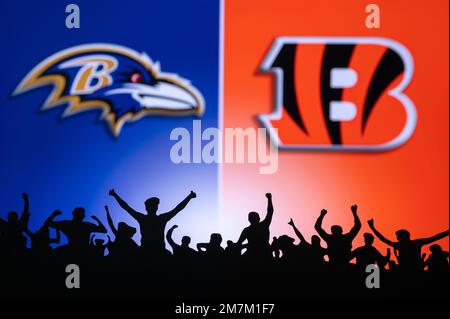 Baltimore Ravens vs. Cincinnati Bengals. Fans support on NFL Game.  Silhouette of supporters, big screen with two rivals in background Stock  Photo - Alamy