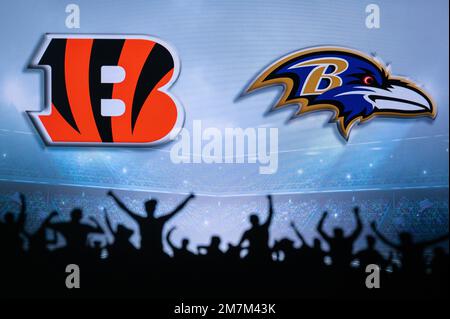 Baltimore Ravens vs. Cincinnati Bengals. NFL match poster. Two american  football players silhouette facing each other on the field. Clubs logo in  background. Rivalry concept photo. Stock Photo