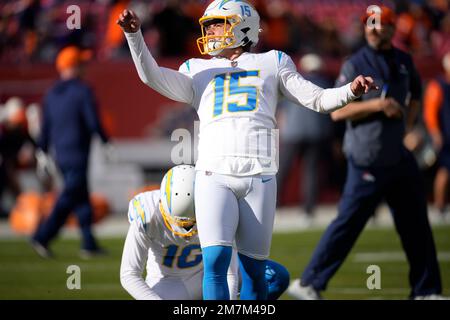 Los Angeles Chargers place-kicker Cameron Dicker (11) kicks a field goal  against the San Francisco 49ers during the first half of an NFL preseason  football game Friday, Aug. 25, 2023, in Santa