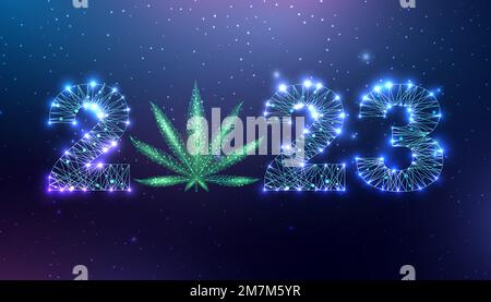 Happy new year 2023 greeting card with cannabis leaf. Low poly style design. Numbers from a polygonal wireframe mesh. Abstract vector illustration on Stock Vector