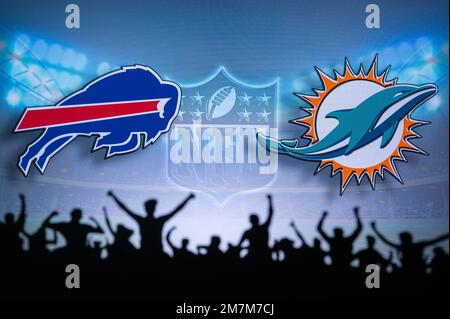 BUFFALO, USA, JANUARY 10, 2023: Miami Dolphins vs. Buffalo Bills. NFL Wild  Card Round 2023, Silhouette of NFL player of american football. holding bal  Stock Photo - Alamy