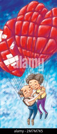 Concept art elderly couple floating on heart-shaped balloons One balloon is damaged referencing how strong relationships helps healing love is healing Stock Photo