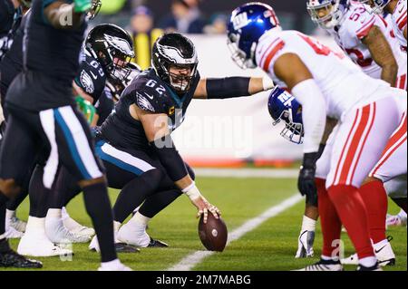 Philadelphia Eagles center Jason Kelce (62) adjusts his gear during  warm-ups prior to the NFL divisional round playoff football game against  the New York Giants, Saturday, Jan. 21, 2023, in Philadelphia. (AP